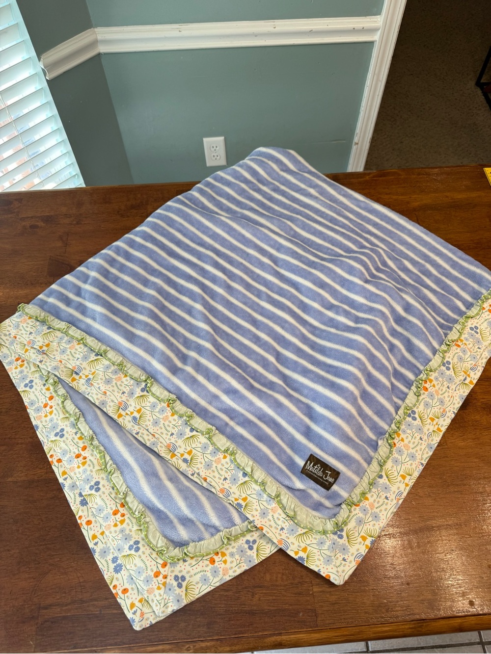 Matilda Jane "Truth or Dare" Plush Throw Blanket Blue Stripe Floral Ruffle HTF